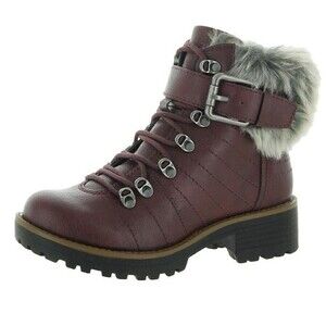 Sun Stone Womens 5 M Wine Red Leather Fur Cuff Combat Boots NIB XJ7
